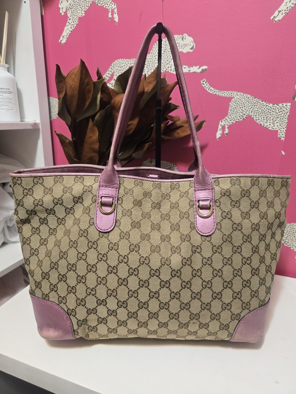 Gucci Heart Bit GG Canvas Pink Metallic Monogram Canvas Tote Bag